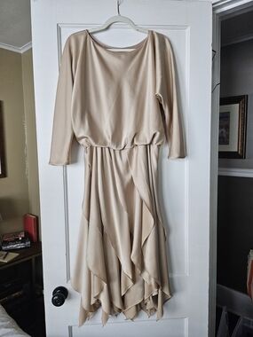 Vintage Satin Long Sleeve Midi Party Dress in  Champagne with Ruffle Skirt